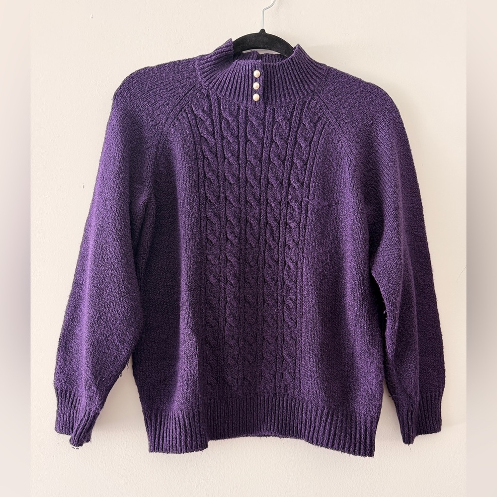 Karen Scott Deep‎ Purple Cable Knit Turtleneck Sweater Size PM